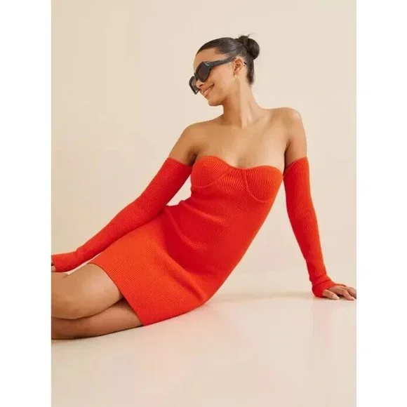 Helmut Lang Contour Off the Shoulder Mini Knit Dress in Poppy Orange sz XS Helmut Lang Contour Off the Shoulder Mini Knit Dress in Poppy Orange sz XS